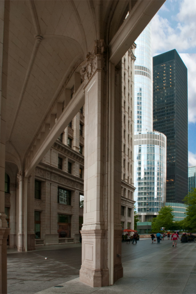 detail of Chicago architecture with Trump Tower in background