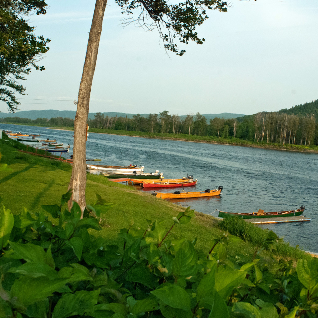 several canoes docked on the Restigouche River