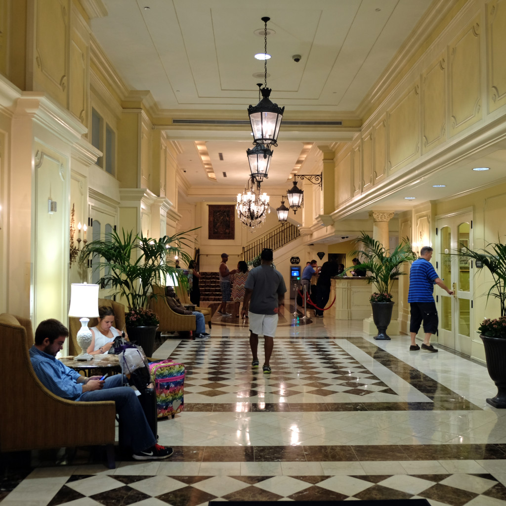 the busy lobby of the Crowne Plaza, Canal Street, New Orleans